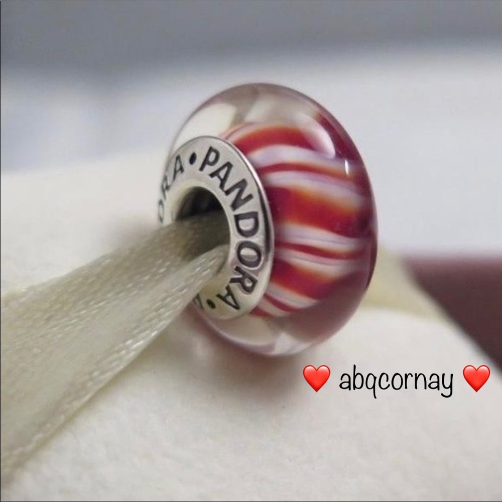 EUC Pandora 790680 Sterling Silver Cinnamon Murano Glass Bead w/ Candy Stripes